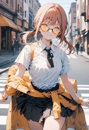 Masterpiece, beautiful details, perfect focus, uniform 8K wallpaper, high resolution, exquisite texture in every detail,
 street, looking_at_viewer, clean eyes
1girl, makima (chainsaw man), white shirt,  skirt, midriff, short sleeves,  coat tied around waist,
 twintail, wearing yellow tinted glasses, smile, :>, 
