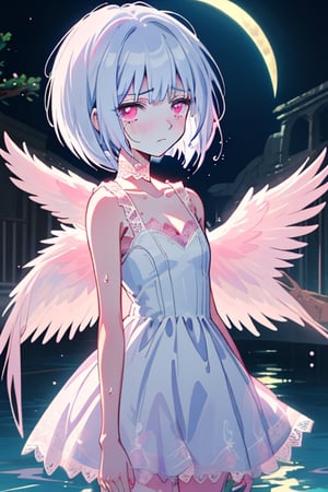 Fitoria, anime, white hair. Short hair. Bob haircut. White feathered wings. long lace dress. White dress. Pink lace. sleeveless. small cleavage. Pink lace choker. Pink eyes. sad. ruins. Moonlight. Wet body. Look front
