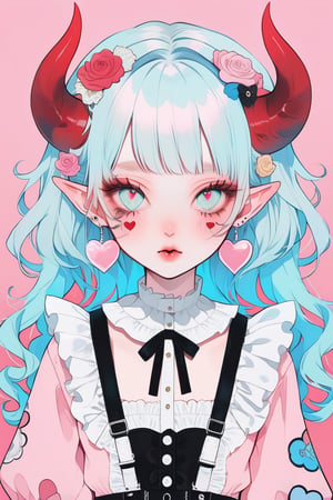 1girl, albino demon girl, (long devil horns) ,heavy makeup, earrings,candycore outfits,pastel aesthetic,Maximalism Pink Lolita Fashion,
Clothes with kawaii prints inspired by Decora, cute pastel colors, Pastel Blue,
,beautiful red eyes , heart,,emo,kawaiitech,dollskill