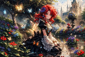 High quality, masterpiece, rayearth, 1 girl, sole female, shiny unkept red hair, brigth silver eyes, short fairy dress, floating_hair, floating above a garden of diferent types of wildflowers, bees and buterflies around her