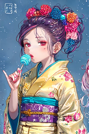 children's doodle style,
Colorful pop art, candy pop, lollipop punk, brightly colored berry beans, Konohanasakuya-hime seated gracefully beneath a blooming peach tree. She wears a traditional kimono with soft pink and white floral patterns, her hair adorned with fresh blossoms,dal-6 style,Color Splash,dramaticwatercolor,Deformed,softwatercolor