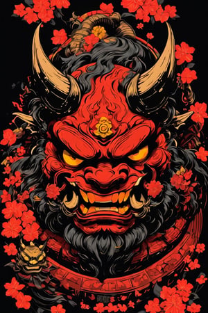 a simple image and silhouette for t-shirts ((Face only)), Yōkai, Gyūki, a yokai from Japanese folklore, the face of an red oni ogre, surrounded by sakura flowers, two sharp yellow horns, huapighost,oni style on a black background