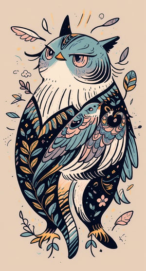 A whimsical illustration of a bird's tattoo, surrounded by colorful vector shapes and swirling patterns. The bird's face is adorned with a matching tattoo logo, complete with tiny ink . Soft pastel hues and subtle shading bring the adorable scene to life.,cartoon,IncrsLcmSolo,tshee00d