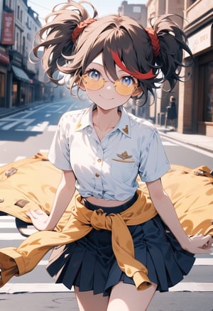 Masterpiece, beautiful details, perfect focus, uniform 8K wallpaper, high resolution, exquisite texture in every detail,
 street, looking_at_viewer, clean eyes
1girl, ryuko matoi, white shirt,  skirt, midriff, short sleeves,  coat tied around waist,
 twintail, wearing yellow tinted glasses, smile, :>, 
