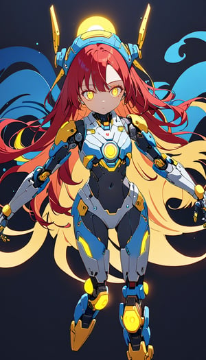A cute girl,cyborg,yellow glow eyes ,red long hair,cowboy shot, robot joints,yellow shine eyes,blue headgear,masterpiece, best quality, aesthetic,(floating wave),blue Mechanical sense,art illustration,flat color,colorful shadow art, shadow silhouette