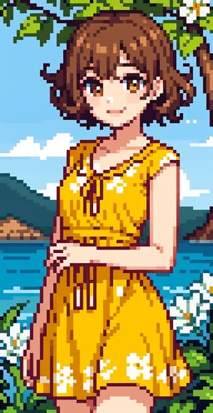 a beauty girl with short_curly 
year <20 years old>
brown_hair
curly_hair
small_body
smiling to viewer
dressed in a yellow dress with flower print,Pixel art
brown_eyes
scenary