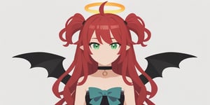 score_9, score_8_up, score_7_up, Minimalstyle, 1girl, demon, red hair, long curly hair, (two side up), green eyes, two blue bows on head, (Double golden halo on her head), choker, demon wings on back, ahoge ,simple, faceless female, beautiful, extremely detailed, vector, headshot, flames,minimalstyle,score_6_up