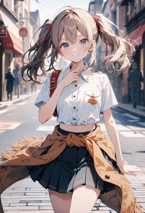 Masterpiece, beautiful details, perfect focus, uniform 8K wallpaper, high resolution, exquisite texture in every detail,
 street, looking_at_viewer, clean eyes
1girl, Hotaru Shidare (Dagashi Kashi), white shirt,  skirt, midriff, short sleeves,  coat tied around waist,
 twintail, smile, :>, 
