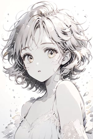 monochrome, (pencil art style), white background, cute girl.
white camisole, white chorker, wavy short hair, light-yellow eyes,Pencil Draw,glitter,