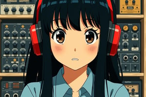 Anime style art by J.C. Leyendecker. Photo Close up of a girl with long black hair and bangs is wearing a light blue shirt.  Behind her is a wall of sound equipment. The headphones are red and black.