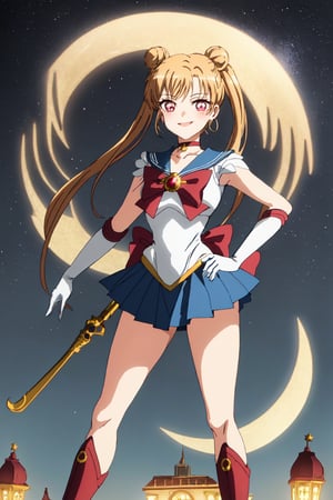 Highly detailed, High quality, Masterpiece, Beautiful, high detailed, Anime, 1girl, solo ,(cowboy  shot) ,full body, smile, blonde hair,, red eyes,  blonde hair,red eyes, long hair, very long hair, twintails, hair bun, double bun, miniskirt, choker, bow, crescent earrings, starry sky, knee boots, red choker, white gloves, moon, red bow, sky, magical girl, elbow gloves, star (symbol), closed mouth, earrings, full body, back bow, jewelry, boots, star (sky), sailor senshi uniform, crescent, crescent moon, blue sailor collar, smile, gloves, sailor collar, blue skirt, red footwear, skirt, pleated skirt, rooftop,Waifu