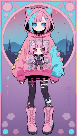 dal-3,,vtuber,1girl,
cute anime characters,Beautiful blue eyes,asymmetric bangs,candy punk Fashion,Hooded hoodie shaped like a cute kitten,cat ear hood,Pastel colored clothes based on blue and pink,Pastel Emo Fashion, Anime Print Shirt,Gothic Style tights, long military boots, score_7_up,dal-6 style,pink-emo,emo, art nouveau