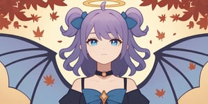 score_9, score_8_up, score_7_up, Minimalstyle, 1girl, sucubbus, purple hair, long curly hair, (two side up), blue eyes, two blue bows on head, (Double golden halo on her head), choker, vampire wings on back, ahoge ,simple, faceless female, beautiful, extremely detailed, vector, headshot,falling leaves,minimalstyle,score_6_up
