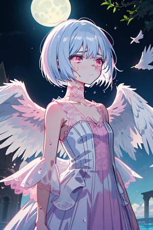 Fitoria, anime, white hair. Short hair. Bob haircut. White feathered wings. long lace dress. White dress. Pink lace. sleeveless. small cleavage. Pink lace choker. Pink eyes. sad. ruins. Moonlight. Wet body. Look front

