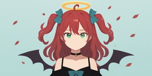 score_9, score_8_up, score_7_up, Minimalstyle, 1girl, demon, red hair, long curly hair, (two side up), green eyes, two blue bows on head, (Double golden halo on her head), choker, demon wings on back, ahoge ,simple, faceless female, beautiful, extremely detailed, vector, headshot,falling leaves,minimalstyle,score_6_up