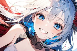 Blue Clear Eyes,blue eyes,blue,red tone,grin,masterpiece, best quality