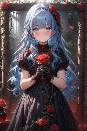 masterpiece, best quality, extremely detailed, (illustration, official art:1.1), 1 girl ,(((( light blue long hair)))), light blue hair, ,10 years old, long hair ((blush)) , cute face, big eyes, masterpiece, best quality,(((((a very delicate and beautiful girl))))),Amazing,beautiful detailed eyes,blunt bangs((((little delicate girl)))),tareme(true beautiful:1.2), ,masterpiece, best quality,1girl, solo, flower, long hair, rose, red hair, red flower, heart, grey eyes, thorns, red rose, vines, dress, looking at viewer, parted lips, bangs, black flower, black dress, gloves, holding, plant, very long hair, skeleton, ring, white background, black rose, picture frame, card, frills, black gloves, white eyes, blurry ////////, ,