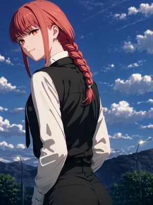score_9,score_8_up,score_7_up,score_6_up, masterpiece, best quality, 8k, 8k UHD, ultra-high resolution, ultra-high definition, highres
,//Character, 
1girl, solo,makima_v1, red hair, ringed eyes, braided ponytail
,//Fashion, 
black necktie, shirt, collared shirt, black_pants
,//Background, white_background
,//Others, ,Expressiveh,ArtoriaPendragon, back view, looking at viewer, looking back, fang