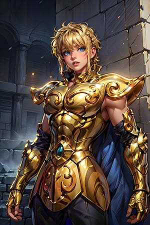 (Extremely detailed CG uniform 8k wallpaper, masterpiece, best quality, super detailed), male anime character wearing golden armor, 1boy, golden armor, male focus, handsome face, short blond wavy hair, armor, solo, leo armor , Trend Artstation, Fantasy00d,mature