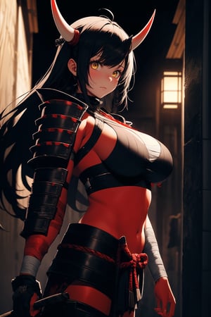 score_9, score_8_up, score_7_up, score_6_up, score_5_up, score_4_up,source_anime,
(8K, Masterpiece, Best Quality), hires, official_art, wallpaper, 1girl, ((samurai armor)), ((oni girl)), (((red skin))), ((yellow eyes)), dark scene, dynamic lighting, sexy pose, sadistic, ((bandaged breast)), (large breast),nijistyle