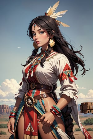 Pocahontas, Young beautiful Native American woman, Perfect symmetry face, Indigenous Feather Jewelry, Traditional handmade dresses, Armed Female Hunter Warrior, (Wild west) environment, 