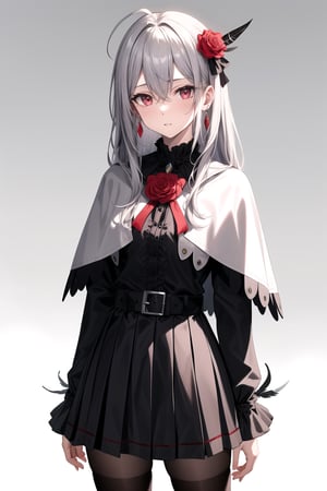 1girl, solo, long hair, looking at viewer, bangs, skirt, simple background, shirt, hair ornament, red eyes, long sleeves, white background, ribbon, hair between eyes, jewelry, closed mouth, jacket, flower, ahoge, grey hair, cowboy shot, earrings, frills, belt, hair flower, grey background, mole, black jacket, gradient, gradient background, mole under eye, black ribbon, neck ribbon, capelet, rose, expressionless, feathers, brooch, red flower, gem, red rose, arms at sides, feather hair ornament, black capelet, red gemstone
