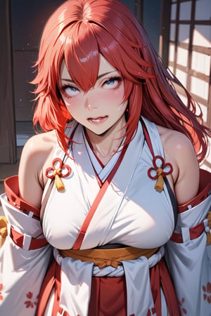 a Japanese miko girl,red fire hair, high quality, high resolution, high precision, realism, color correction, harmonious composition.