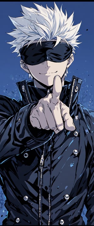 solo, smile, short hair, bangs, long sleeves, 1boy, closed mouth, jacket, upper body, white hair, male focus, black jacket, sunglasses, letterboxed, spiked hair, pointing, facing viewer, blue theme, high collar, blindfold, covered eyes, black blindfold, gojou satoru