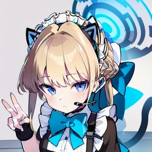 1girl, solo, looking at viewer, blue eyes, blonde hair, bow, animal ears, tail, cat ears, bowtie, chibi, cat tail, blue bow, :<, black headset, triangle mouth,maid clothes,happy,toki