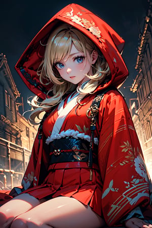A girl with long blonde hair, fur hooded kimono, red hooded kimono, miniskirt, night streets. (Cinematic lighting, ethereal light, intricate details, extremely detailed, incredible details, full colored), complex details, hyper maximalist, masterpiece, best quality, HDR, UHD, unreal engine. head to thigh,
