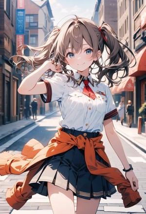 Masterpiece, beautiful details, perfect focus, uniform 8K wallpaper, high resolution, exquisite texture in every detail,
 street, looking_at_viewer, clean eyes
1girl, Hotaru Shidare (Dagashi Kashi), white shirt,  skirt, midriff, short sleeves,  coat tied around waist,
 twintail, smile, :>, 
