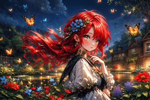 High quality, masterpiece, rayearth, 1 girl, sole female, shiny unkept red hair, brigth silver eyes, short fairy dress, floating_hair, floating above a garden of diferent types of wildflowers, bees and buterflies around her