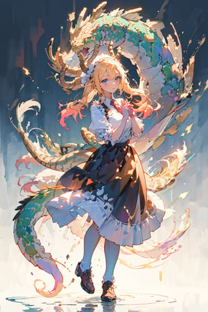 white background, (multicolored background, ink, colorful:1.2), straight-on, 1girl, solo, cute face, light golden hair, floating hair, timid smile, closed mouth, standing, arms behind back, (splashing), watercolor, (nice hands, perfect hands, detailed hands), tohru (maidragon)
