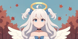 score_9, score_8_up, score_7_up, Minimalstyle, 1girl, angel, white hair, long curly hair, (two side up), blue eyes, two blue bows on head, (Double golden halo on her head), choker, angel wings on back, ahoge ,simple, faceless female, beautiful, extremely detailed, vector, headshot,falling leaves,minimalstyle,score_6_up