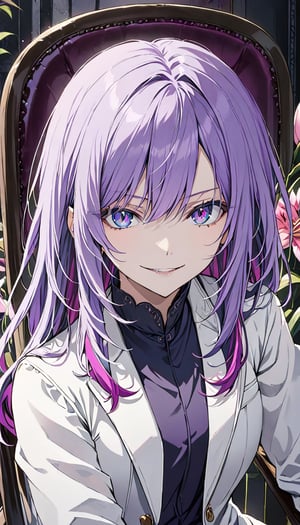 looking at viewer, long purple hair, shirt, 1girl, dark blue eyes, white jacket, evil smile ,upper body,close mouth, flower, female focus, solo focus,sit on chair,pink lily \(flower\), hand pov, kabedon