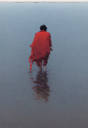 Comic panel illustration. Man walking through shallow water.  ragged red scarf, back view, akira style,