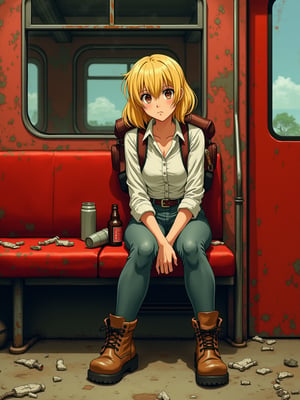 Anime style by Masamune Shirow. A blonde woman, sitting on train, red interior, rust, garbage on the floor, broken bottles.  She wear a backpack and hicking boots.