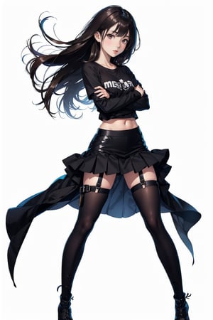 1girl, solo, long hair, skirt, simple background, brown hair, shirt, black hair, thighhighs, white background, navel, brown eyes, full body, boots, midriff, black thighhighs, black footwear, zettai ryouiki, thigh boots, crossed arms, t-shirt