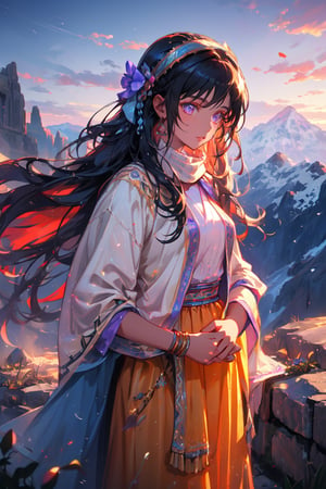 a gipsy girl, long violet hair, high quality, high resolution, high precision, realism, color correction, proper lighting settings, harmonious composition, girl, ancient gipsy clothes, in a mountain