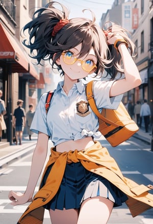 Masterpiece, beautiful details, perfect focus, uniform 8K wallpaper, high resolution, exquisite texture in every detail,
 street, looking_at_viewer, clean eyes
1girl, ryuko matoi, white shirt,  skirt, midriff, short sleeves,  coat tied around waist,
 twintail, wearing yellow tinted glasses, smile, :>, 
