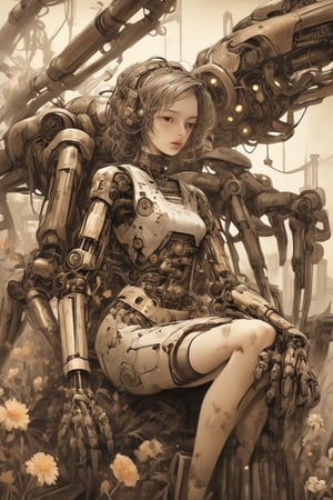 (absurdres, texture, insane-detailed):1.3, flat illustration, faded oil painting, sepia color, (focus on knee), science fiction, gallant, disorder, rotten, ancient android girl with rust and flowers crawling all over its body, A bird is on her hand. She looks a bird curiously. mechanical arms and hands,
