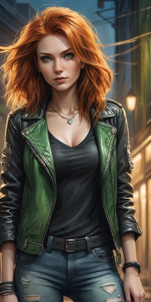(masterpiece, high quality, 8K, high_res), 
((ink drawning and watercolor wash)), grunge style, mystic embience, 
ultra detailed illustration, incredibly beautiful young woman, ginger hair, green eyes,
black leather jacket with punk patches, loose V-neck T-shirt, worn out old jeans, skater sneakers,
rock bar background, vampire elements, gothic detailes, 
relax poses. 
,portraitart