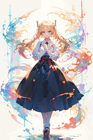 white background, (multicolored background, ink, colorful:1.2), straight-on, 1girl, solo, cute face, light golden hair, floating hair, timid smile, closed mouth, standing, arms behind back, (splashing), watercolor, crossed arms, (nice hands, perfect hands, detailed hands), Rin Tohsaka