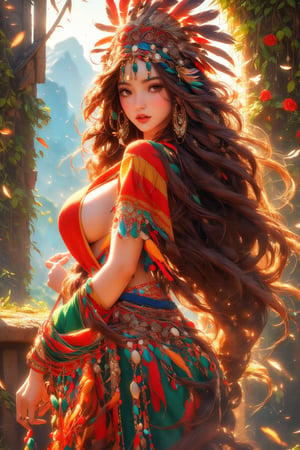 busty and sexy girl, 8k, masterpiece, ultra-realistic, best quality, high resolution, high definition, Tribal girl, feather headdress,
((intricate dancer outfit)), (ultra massive big hair volume, super long wild outrageous hair growth, Jewelled headdress), decorative flowers,  overgrown ruins