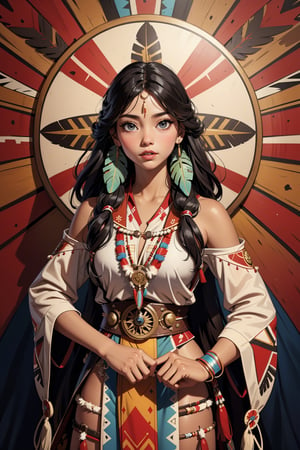Pocahontas, Young beautiful Native American woman, Perfect symmetry face, Indigenous Feather Jewelry, Traditional handmade dresses, Armed Female Hunter Warrior, (Wild west) environment, 