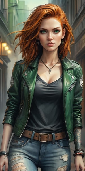 (masterpiece, high quality, 8K, high_res), 
((ink drawning and watercolor wash)), grunge style, mystic embience, 
ultra detailed illustration, incredibly beautiful young woman, ginger hair, green eyes,
black leather jacket with punk patches, loose V-neck T-shirt, worn out old jeans, skater sneakers,
rock bar background, vampire elements, gothic detailes, 
relax poses. 
,portraitart