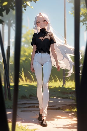 (masterpiece, best quality), 1girl with long white hair, forehead, standing on the floor, outdoors, grassfield, warm lighting, black shirt, short sleeves, turtleneck, skinny pants, white pants, blurry foreground, girl