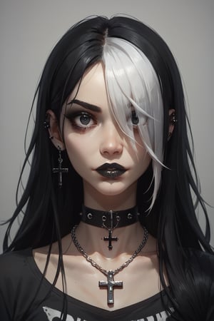 score_9, score_8_up, score_7_up, Goth girl, Goth girl 1girl 1girl,solo,long hair,looking at viewer,simple background,black hair, jewelry,white hair,multicolored hair,choker,black eyes,grey background,necklace,(hair over one eye),two-tone hair,cross,portrait,,  , , , 