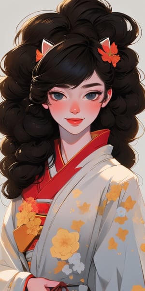 (full body portrait of a Japanese girl in the style of Conrad Roset, Nicola Samori), (extra long shiny black curly hair, cat ears), (pure white kimono:1.6), light smile, more detail XL,K-Eyes