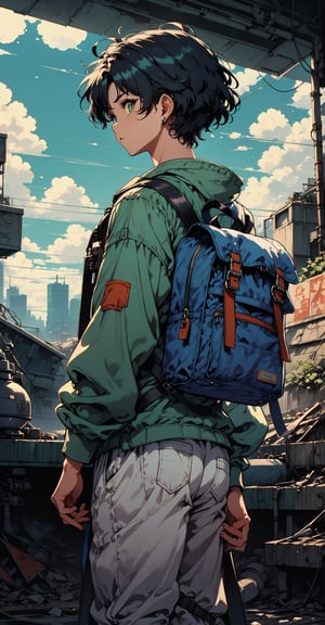 In a warm orange haze, a lone figure emerges against the reclaimed ruins of a city, now teeming with lush vegetation and vibrant greenery. The protagonist, a short-haired young man with bangs and piercings, stands tall, clutching a steel bottle in his hands. His dark-colored, post-apocalyptic attire is worn but determined expression shines through, framed by the bright blue noon sky with puffy white clouds. A small backpack adorns his back, symbolizing resilience and resourcefulness, set against the nostalgic charm of retro-illustration reminiscent of 1980s-1990s anime, as he surveys the revitalized landscape with his green eyes.